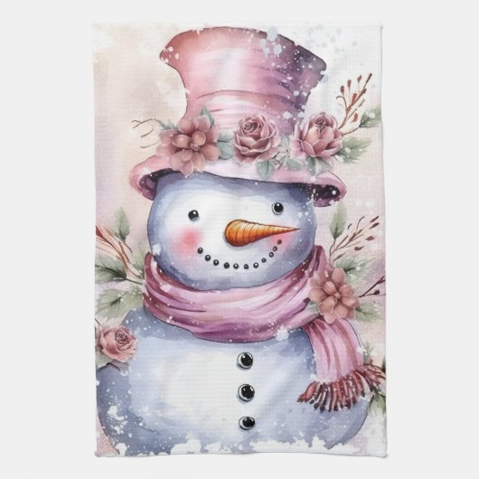 Feestelijke waterverf Kerstmis roze sneeuwpop Theedoek (Verticaal)