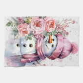 Feestelijke waterverf Kerstmis roze sneeuwpop Theedoek (Horizontaal)