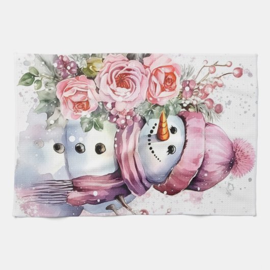 Feestelijke waterverf Kerstmis roze sneeuwpop Theedoek (Horizontaal)