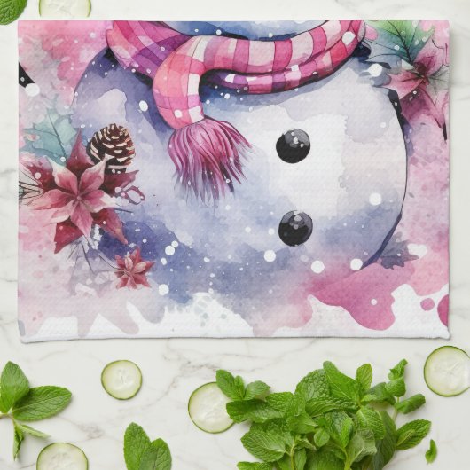 Feestelijke waterverf Kerstmis roze sneeuwpop Theedoek (Gevouwen)