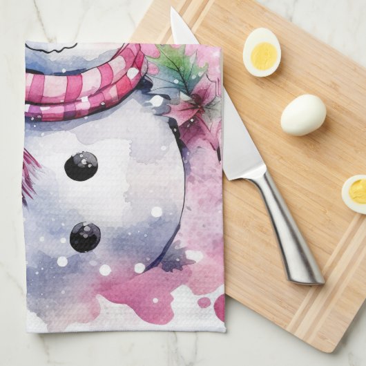 Feestelijke waterverf Kerstmis roze sneeuwpop Theedoek (Quarter Fold)