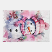 Feestelijke waterverf Kerstmis roze sneeuwpop Theedoek (Horizontaal)