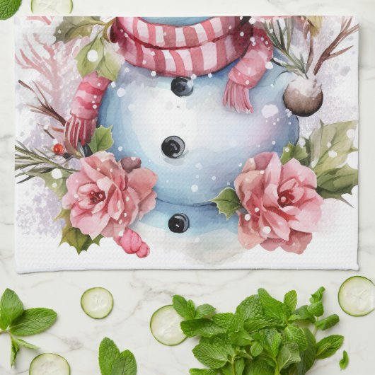 Feestelijke waterverf Kerstmis roze sneeuwpop Theedoek (Gevouwen)