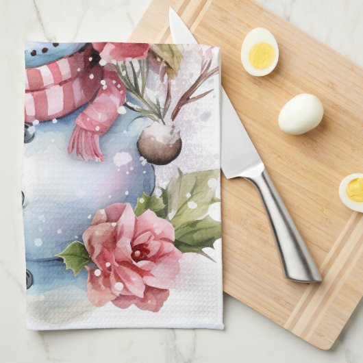 Feestelijke waterverf Kerstmis roze sneeuwpop Theedoek (Quarter Fold)