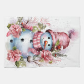 Feestelijke waterverf Kerstmis roze sneeuwpop Theedoek (Horizontaal)