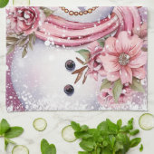 Feestelijke waterverf Kerstmis roze sneeuwpop Theedoek (Gevouwen)