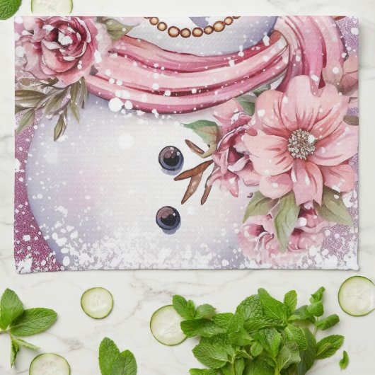 Feestelijke waterverf Kerstmis roze sneeuwpop Theedoek (Gevouwen)