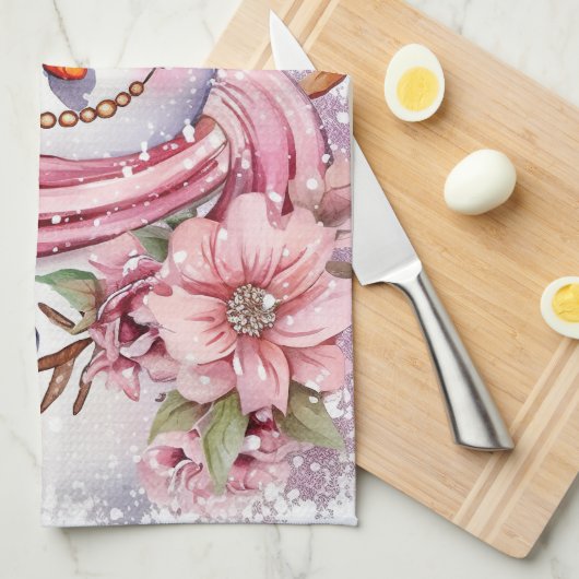 Feestelijke waterverf Kerstmis roze sneeuwpop Theedoek (Quarter Fold)