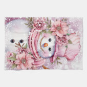 Feestelijke waterverf Kerstmis roze sneeuwpop Theedoek (Horizontaal)