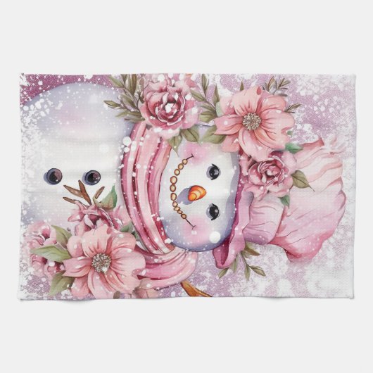Feestelijke waterverf Kerstmis roze sneeuwpop Theedoek (Horizontaal)