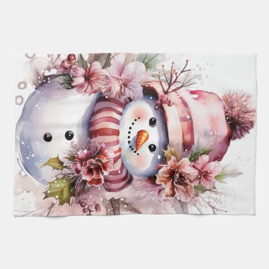 Feestelijke waterverf Kerstmis roze sneeuwpop Theedoek (Horizontaal)