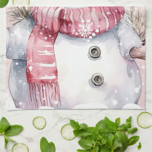 Feestelijke waterverf Kerstmis roze sneeuwpop Theedoek (Gevouwen)