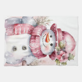 Feestelijke waterverf Kerstmis roze sneeuwpop Theedoek (Horizontaal)