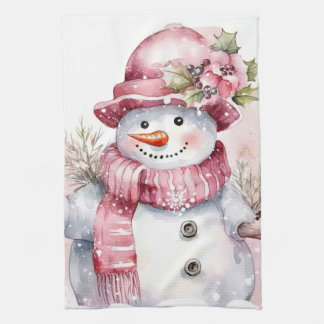 Feestelijke waterverf Kerstmis roze sneeuwpop Theedoek