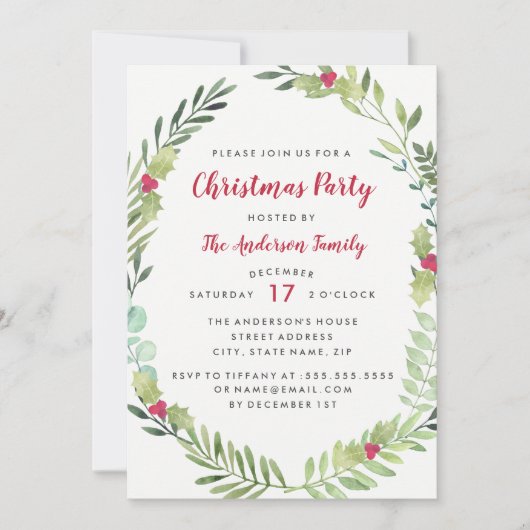 Feestelijke Waterverf Krans Kerstfeest Kaart (Voorkant)