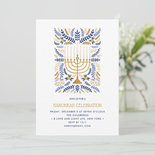 Feestelijke waterverf-menora bloemrijke Hanukkah P Kaart (Staand voorkant)