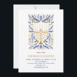 Feestelijke Waterverf Menorah Floral Chanoeka PART Kaart<br><div class="desc">Nodig familie en vrienden uit om de vreugde en de lichten van Chanoeka te delen met deze elegante feestuitnodiging. Het ontwerp is voorzien van een menora met kaarsen versierd met botanisch tarwegebladerte in de klassieke Joodse kleur lichtblauw, marineblauw en goud. Voeg hieronder uw Chanoeka-vieringsgegevens toe. Kaart achteruit in bijpassende effen...</div>