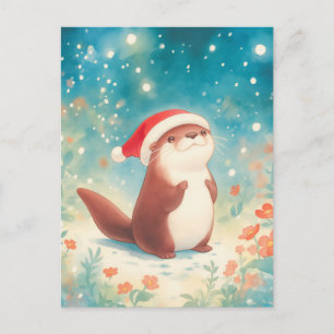Feestelijke Waterverf Otter Kerstmannenhoed Briefkaart