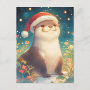 Feestelijke Waterverf Otter Kerstmannenhoed Briefkaart