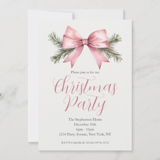 Feestelijke Waterverf Pink Bow Kerstfeest Kaart (Voorkant)