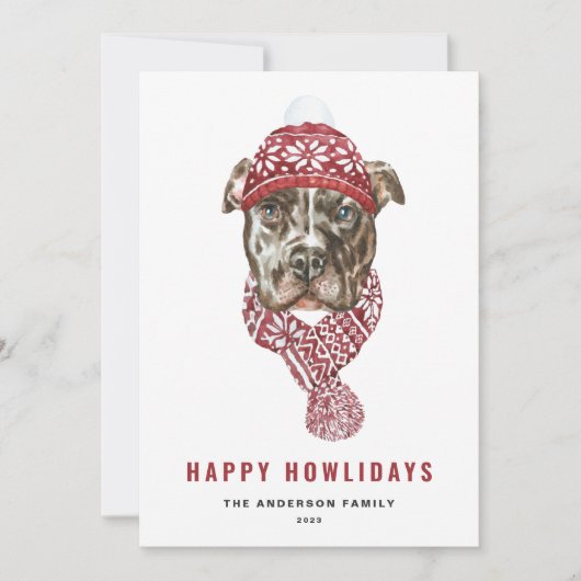 Feestelijke Waterverf Pitbull Happy Howlidays Feestdagenkaart (Voorkant)