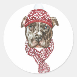 Feestelijke Waterverf Pitbull Kerst Ronde Sticker