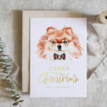 Feestelijke Waterverf Pommerse Hond Vrolijk Kerstf Folie Feestdagen Briefkaart<br><div class="desc">vrolijk kerstfeest! Stuur uw vakantiewensen naar familie en vrienden met dit aanpasbare gouden folie kerst briefkaart. Het heeft een waterverf Pommerse stropdas met een boog. Personaliseer deze schattige kerstkaart door uw gegevens toe te voegen. Dit Pomeranian dog Christmas briefkaart is verkrijgbaar op andere kaarten.</div>