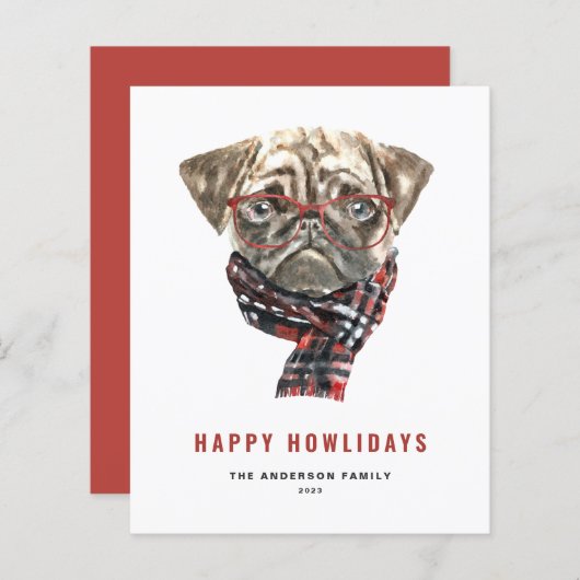 Feestelijke Waterverf Pug Happy Howlidays Kaart (Voorkant / Achterkant)