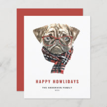 Feestelijke Waterverf Pug Happy Howlidays Kaart