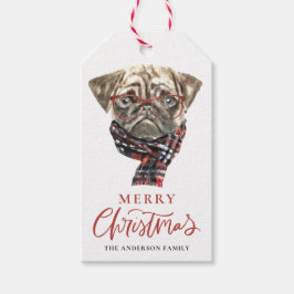 Feestelijke Waterverf Pug Vrolijk Kerstfeest Cadeaulabel
