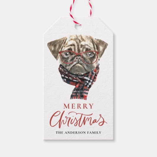 Feestelijke Waterverf Pug Vrolijk Kerstfeest Cadeaulabel (Voorkant)