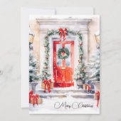 Feestelijke Waterverf Rode Deur Kerstgroet Feestdagenkaart (Voorkant)