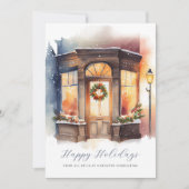 Feestelijke Waterverf Storefront Business Feestdagenkaart (Voorkant)