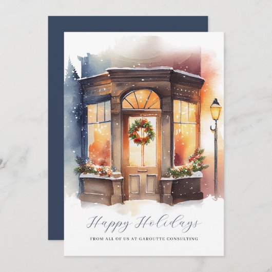 Feestelijke Waterverf Storefront Business Feestdagenkaart (Voorkant / Achterkant)
