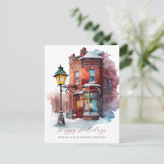 Feestelijke Waterverf Storefront Business Feestdagenkaart (Staand voorkant)