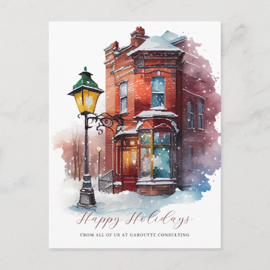 Feestelijke Waterverf Storefront Business Feestdagenkaart (Voorkant)