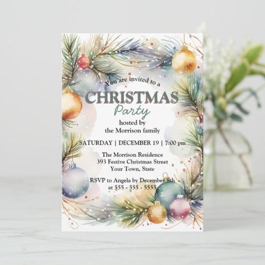 Feestelijke Waterverf Vakantie Krans Kerstfeest Kaart (Staand voorkant)