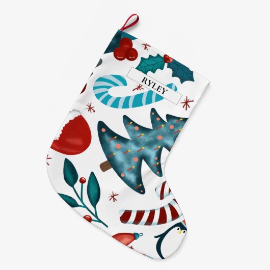 Feestelijke Waterverf Winter Kerstpatroon Grote Kerstsok (Voorkant (Hangend))