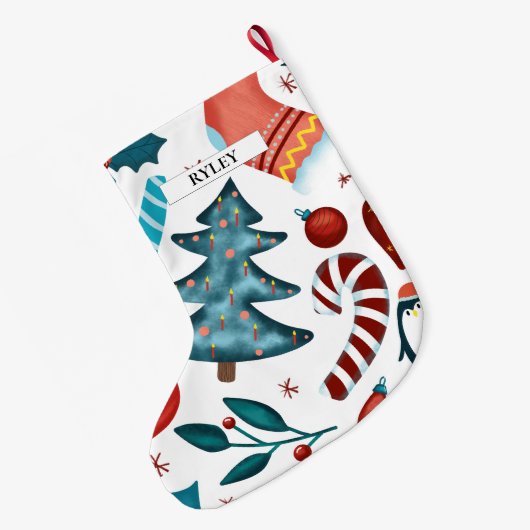 Feestelijke Waterverf Winter Kerstpatroon Grote Kerstsok (Achterkant (Hangend))