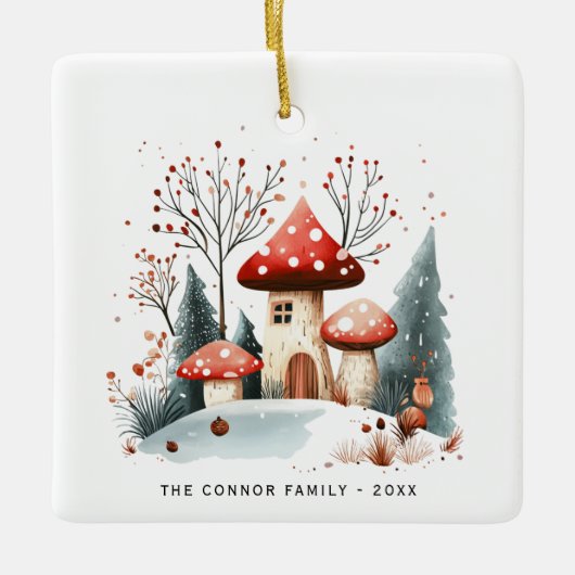 Feestelijke Waterverf Winter Woodland Mushrooms Fo Keramisch Ornament (Voorkant)