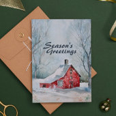 Feestelijke Waterverf Winterscène Snowy Red House Feestdagen Kaart