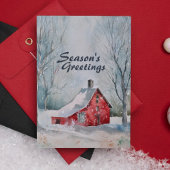 Feestelijke Waterverf Winterscène Snowy Red House Feestdagen Kaart
