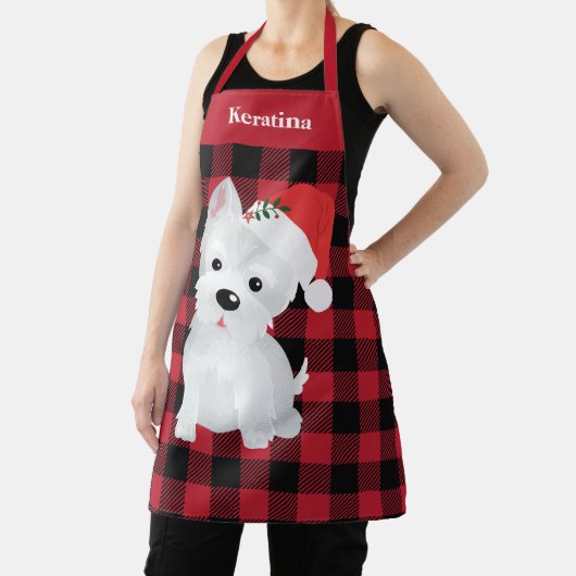 Feestelijke Westie Hond Santa Hat Buffalo Plaid Ch Schort (Insitu)