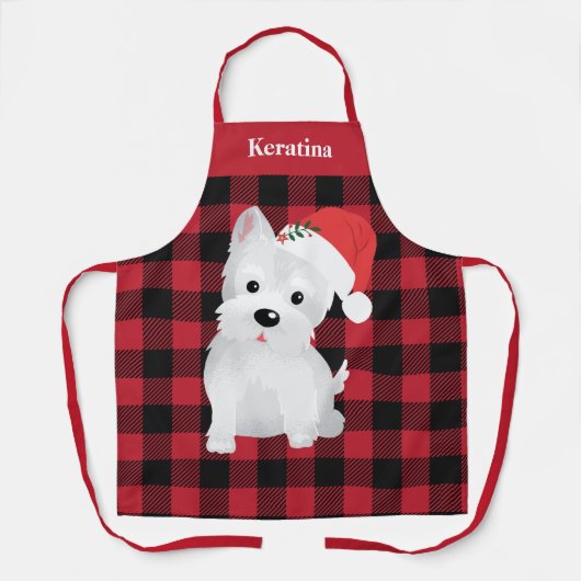 Feestelijke Westie Hond Santa Hat Buffalo Plaid Ch Schort (Voorkant)
