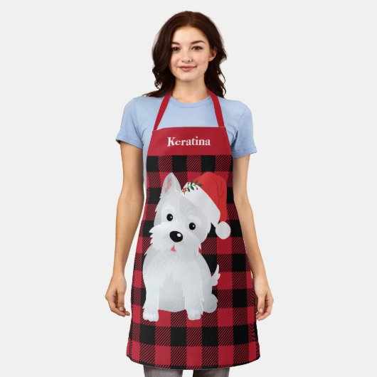 Feestelijke Westie Hond Santa Hat Buffalo Plaid Ch Schort (Gedragen)