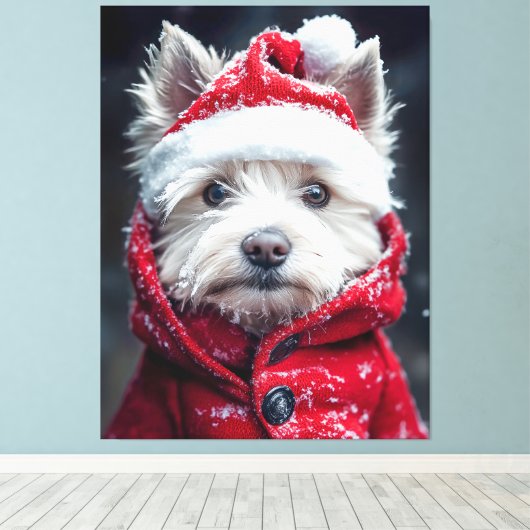 Feestelijke Westie in de sneeuw Canvas Afdruk (Insitu (Houten vloer))