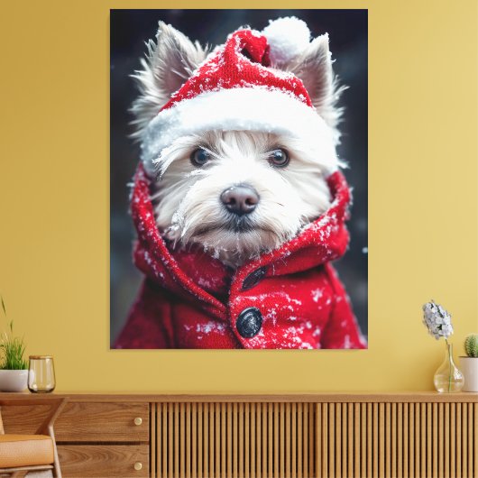 Feestelijke Westie in de sneeuw Canvas Afdruk (Insitu (Woonkamer))