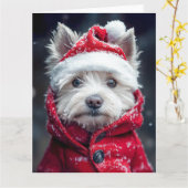 Feestelijke Westie in de sneeuw Kaart (Gele Bloem)