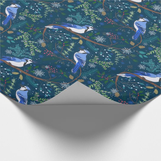 Feestelijke winter blauwe jays cadeaupapier (Hoek)