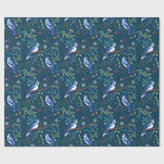 Feestelijke winter blauwe jays cadeaupapier (Vlak)
